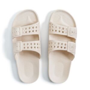 Cream Slide Sandals with Buckle Detail